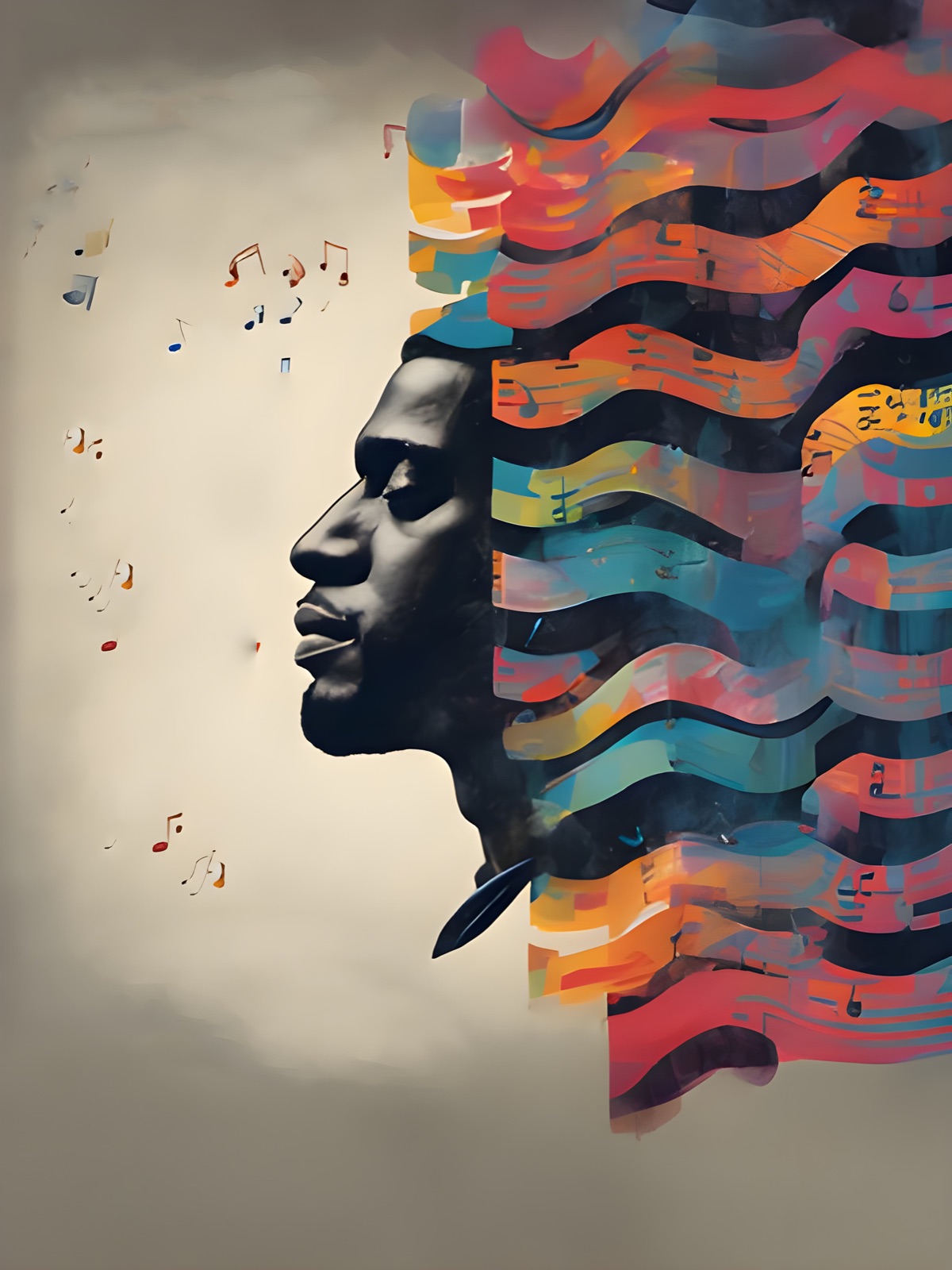 Poster artwork: the profile of a singing man whose head becomes bands of colorful, wavy sheet music.
