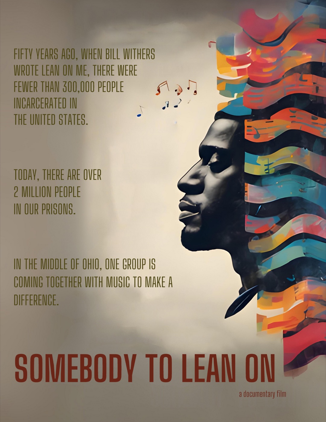 Film poster: a singing man in profile whose head becomes bands of colorful sheet music, over statistics about US incarceration.